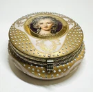 Vintage Gilt Enamel Porcelain Vanity Dresser Box, 3/4" D, Central Portrait. Fixed Price $38.00.